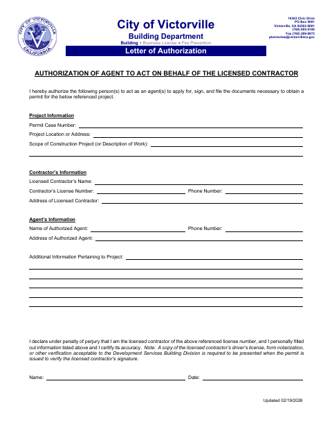 First page of the Authorization of Agent to Act on Behalf of the Licensed Contractor