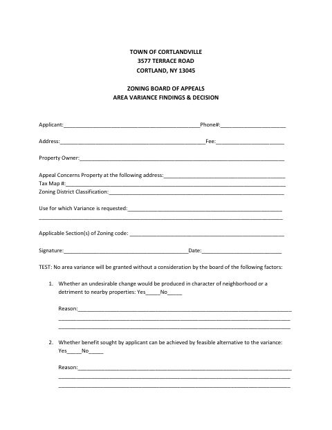 First page of the Area Variance Findings & Decision