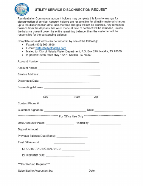 First page of the Utility Service Disconnection Request