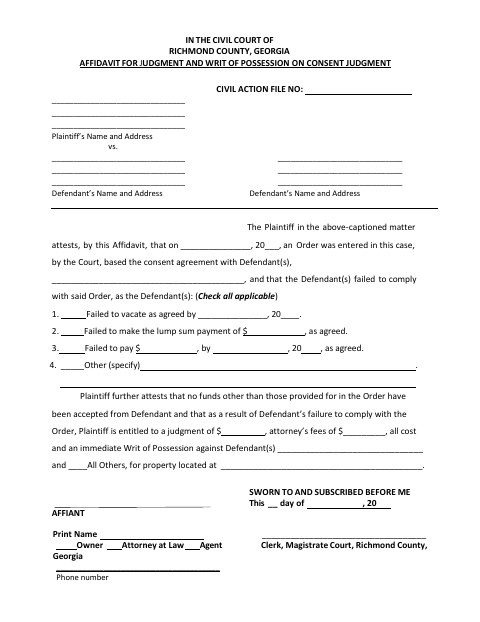 First page of the Affidavit for Judgment and Writ of Possession on Consent Judgment
