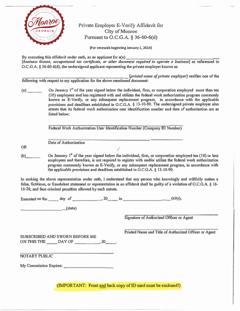 First page of the Private Employer E-Verify Affidavit