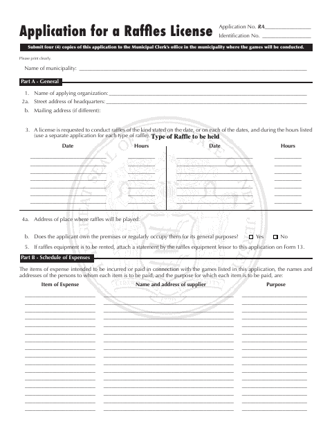 First page of the Application for a Raffles License