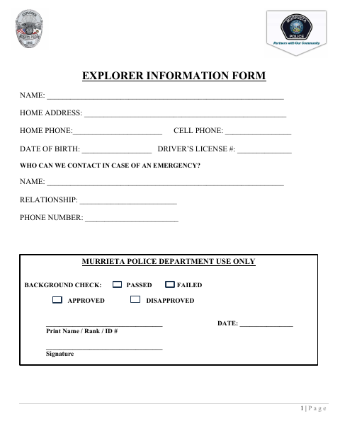 First page of the Murrieta Police Explorers Application