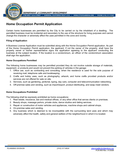 First page of the Home Occupation Permit Application