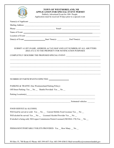 First page of the Special Event Permit Application