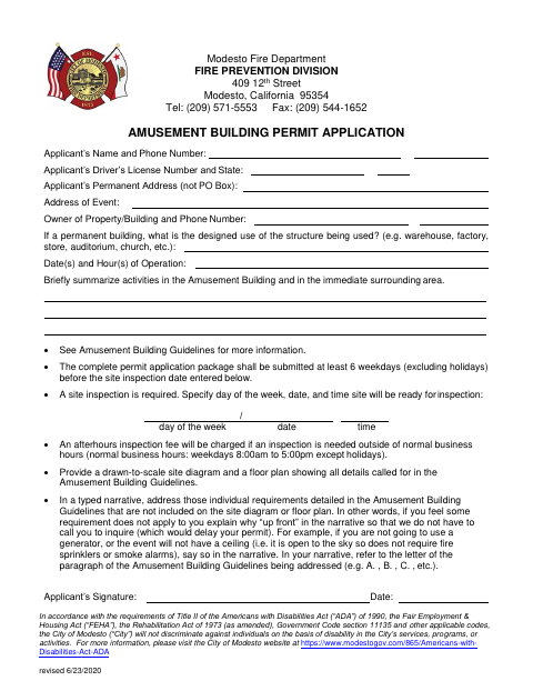 First page of the Amusement Building Permit Application