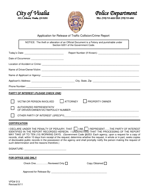 First page of the Application for Release of Traffic Collision/Crime Report