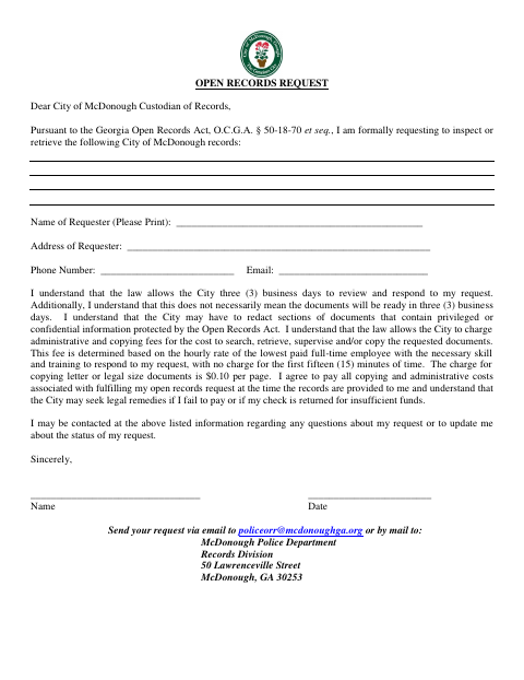 First page of the Open Records Request