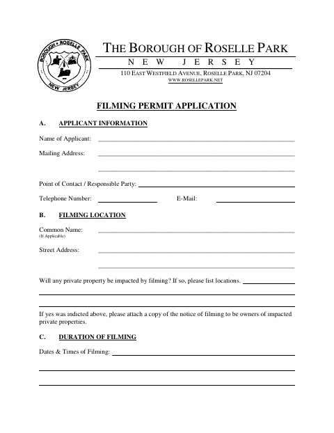 First page of the Filming Permit Application