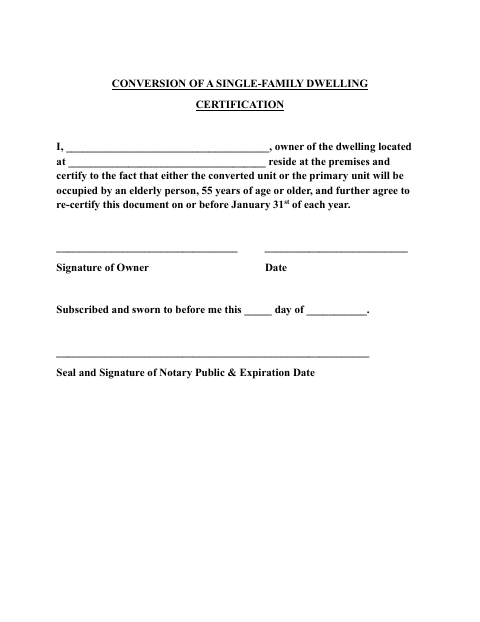 First page of the Conversion of a Single-Family Dwelling Certification