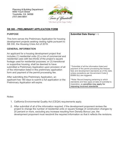 First page of the SB 330 Preliminary Application Form