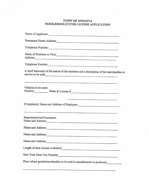 First page of the Peddler/Solicitor License Application