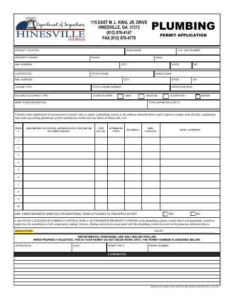First page of the Plumbing Permit Application