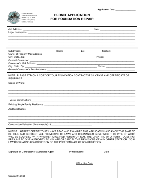 First page of the Permit Application for Foundation Repair