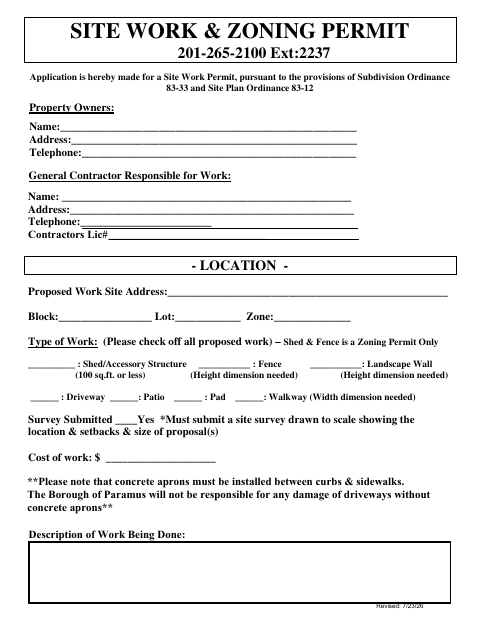 First page of the Site Work & Zoning Permit