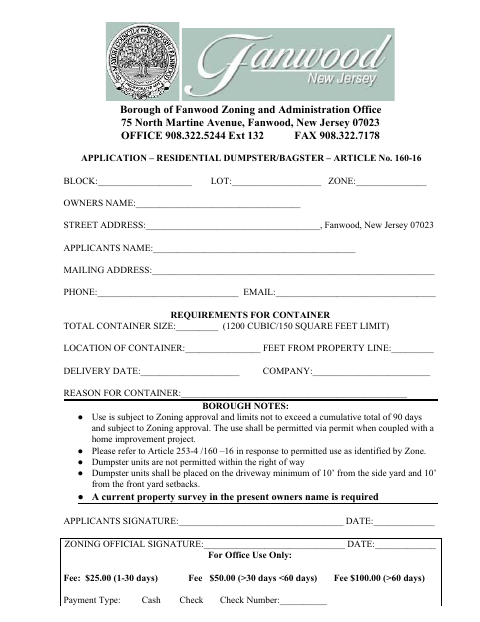 First page of the Residential Dumpster/Bagster Application – Article No. 160-16