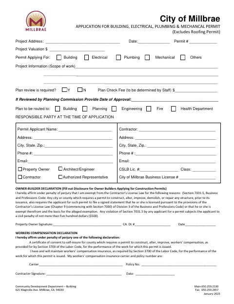 First page of the Application for Building, Electrical, Plumbing & Mechanical Permit
