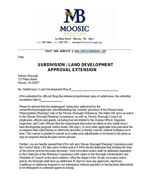 First page of the Subdivision / Land Development Approval Extension