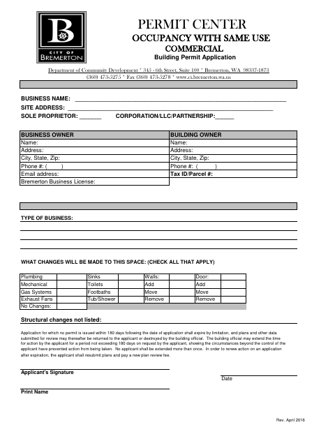 First page of the Commercial Occupancy With Same Use Permit