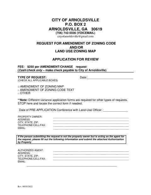 First page of the Request for Amendment of Zoning Code and/or Land Use/Zoning Map