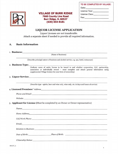 First page of the Liquor License Application