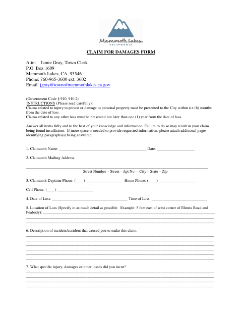 First page of the Claim for Damages Form