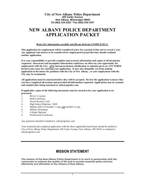 First page of the Police Employment Application Packet