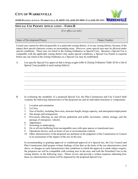 First page of the Special Use Permit Application – Form B