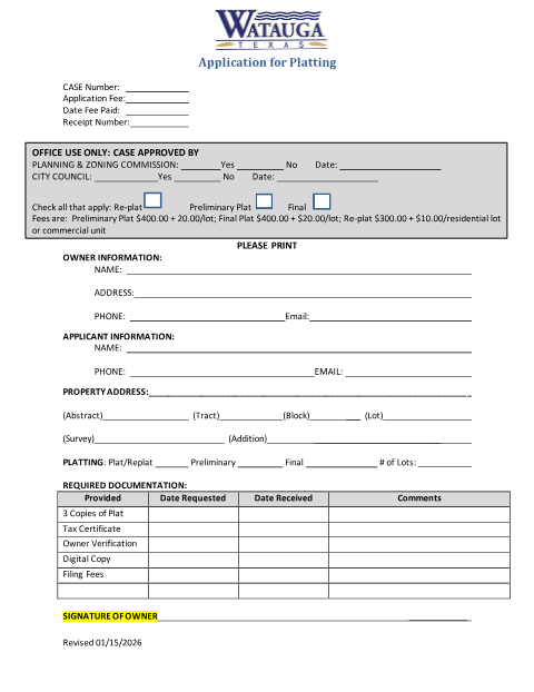 First page of the Application for Platting