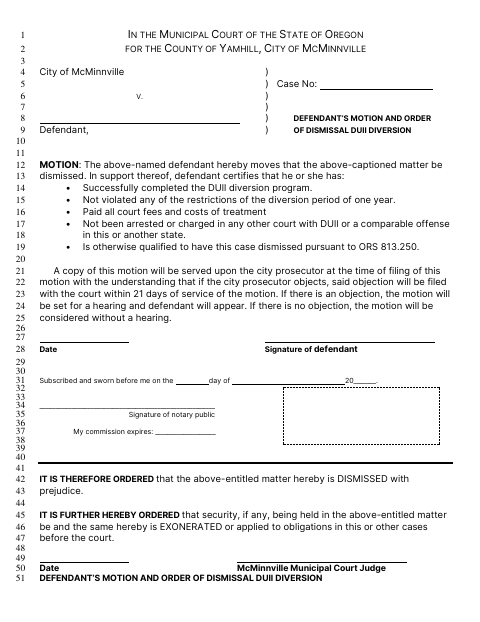 First page of the Defendant’s Motion and Order of Dismissal DUII Diversion
