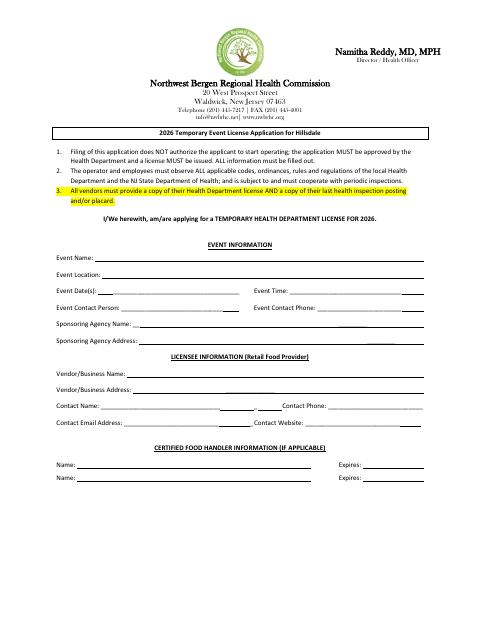 First page of the 2026 Temporary Event License Application