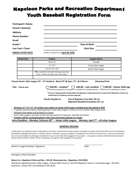 First page of the 2025 Youth Baseball Form