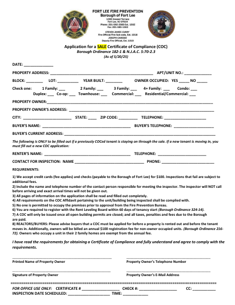 First page of the Application for a Sale Certificate of Compliance