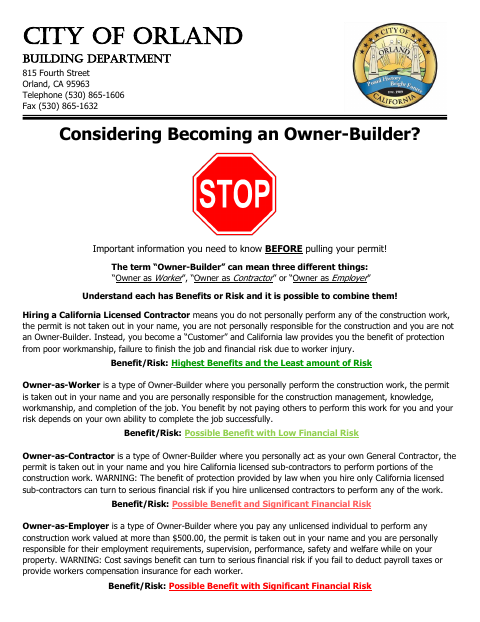 First page of the Owner-Builder Acknowledgment and Information Verification Form