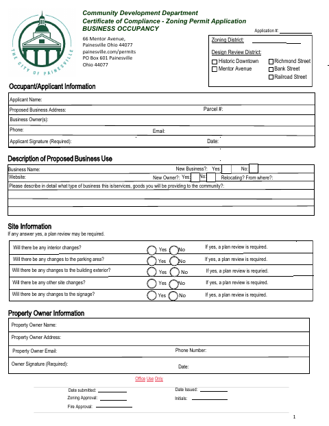 First page of the Business Occupancy Permit Application