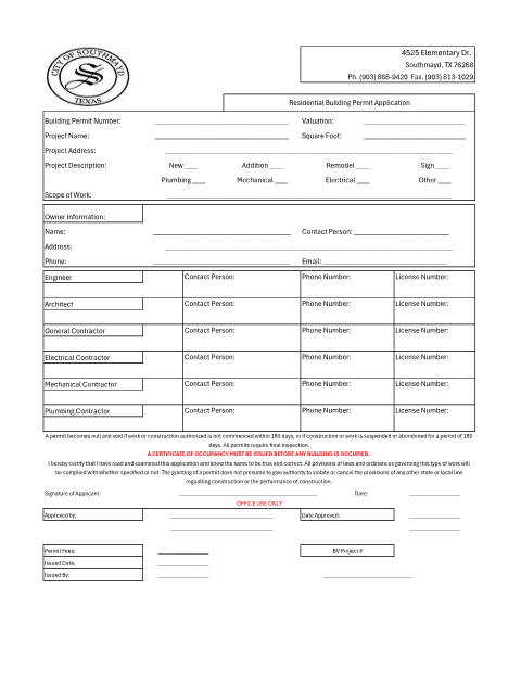 First page of the Residential Building Permit Application