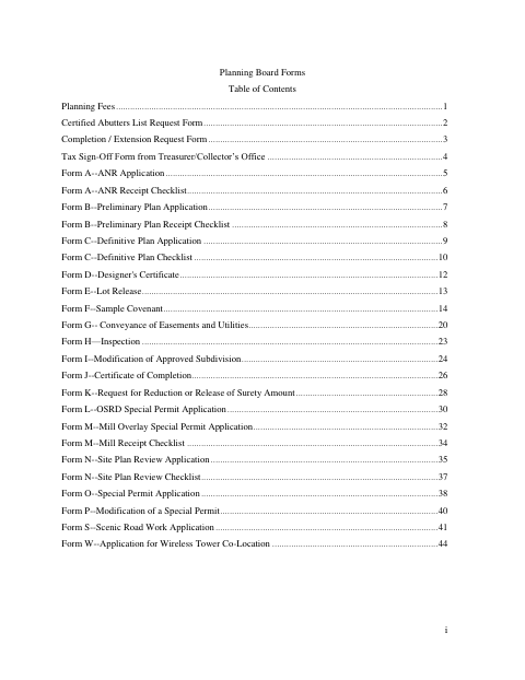 First page of the Planning Board Forms Packet