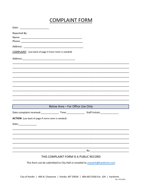 First page of the Complaint Form