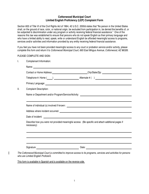 First page of the Limited English Proficiency Complaint Form
