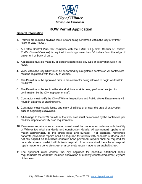 First page of the Right-of-Way Permit Application