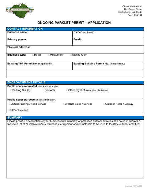 First page of the Ongoing Parklet Permit Application