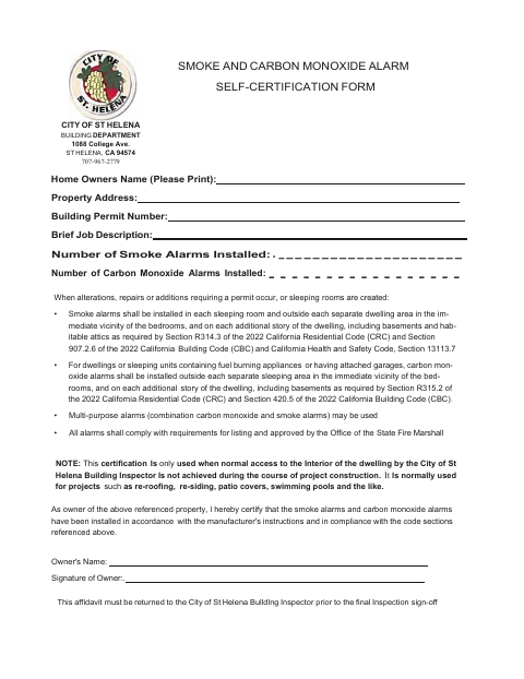 First page of the Smoke and Carbon Monoxide Alarm Self-Certification Form