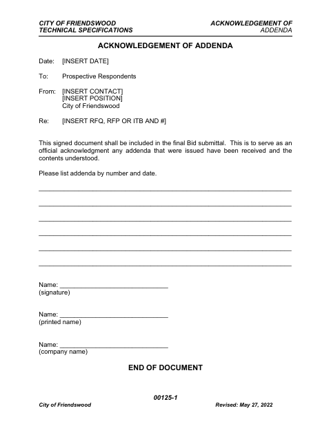 First page of the Acknowledgement of Addenda