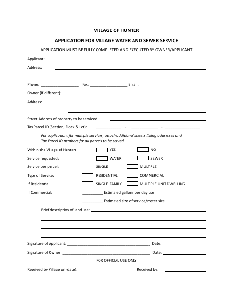 First page of the Application for Village Water and Sewer Service