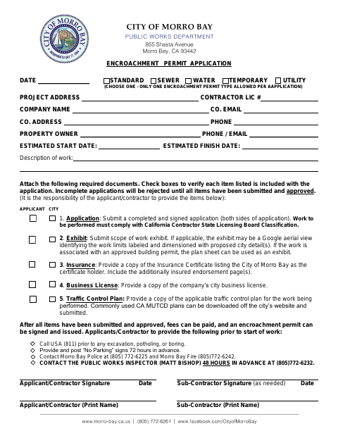 First page of the Encroachment Permit Application
