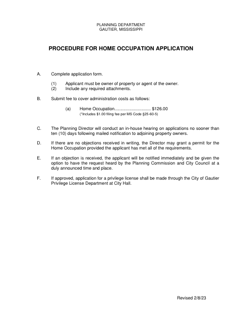 First page of the Home Occupation Application