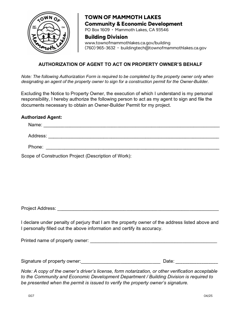 First page of the Authorization of Agent to Act on Property Owner’s Behalf