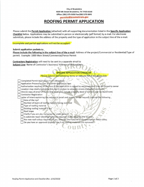 First page of the Roofing Permit Application