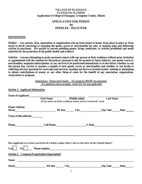 First page of the Peddler-Solicitor Permit Application