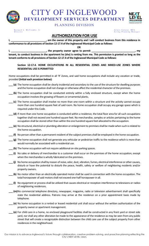First page of the Home Occupation Form